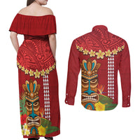 Hawaii Plumeria Lei Couples Matching Off Shoulder Maxi Dress and Long Sleeve Button Shirt Tiki and Kakau Pattern Red Color LT03 - Polynesian Pride