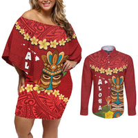 Hawaii Plumeria Lei Couples Matching Off Shoulder Short Dress and Long Sleeve Button Shirt Tiki and Kakau Pattern Red Color LT03 Red - Polynesian Pride