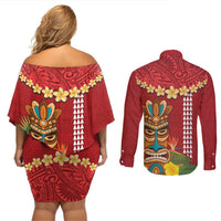 Hawaii Plumeria Lei Couples Matching Off Shoulder Short Dress and Long Sleeve Button Shirt Tiki and Kakau Pattern Red Color LT03 - Polynesian Pride