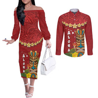 Hawaii Plumeria Lei Couples Matching Off The Shoulder Long Sleeve Dress and Long Sleeve Button Shirt Tiki and Kakau Pattern Red Color LT03 Red - Polynesian Pride