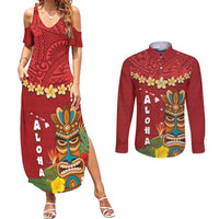 Hawaii Plumeria Lei Couples Matching Summer Maxi Dress and Long Sleeve Button Shirt Tiki and Kakau Pattern Red Color LT03 Red - Polynesian Pride