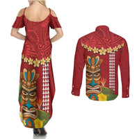 Hawaii Plumeria Lei Couples Matching Summer Maxi Dress and Long Sleeve Button Shirt Tiki and Kakau Pattern Red Color LT03 - Polynesian Pride
