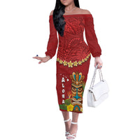 Hawaii Plumeria Lei Family Matching Off The Shoulder Long Sleeve Dress and Hawaiian Shirt Tiki and Kakau Pattern Red Color