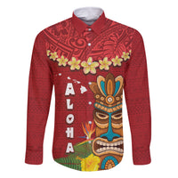 Hawaii Plumeria Lei Family Matching Off Shoulder Maxi Dress and Hawaiian Shirt Tiki and Kakau Pattern Red Color