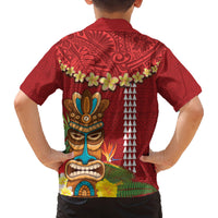 Hawaii Plumeria Lei Family Matching Tank Maxi Dress and Hawaiian Shirt Tiki and Kakau Pattern Red Color