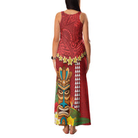 Hawaii Plumeria Lei Family Matching Tank Maxi Dress and Hawaiian Shirt Tiki and Kakau Pattern Red Color