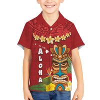 Hawaii Plumeria Lei Family Matching Tank Maxi Dress and Hawaiian Shirt Tiki and Kakau Pattern Red Color