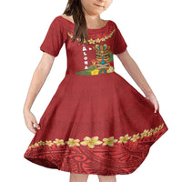 Hawaii Plumeria Lei Kid Short Sleeve Dress Tiki and Kakau Pattern Red Color LT03 KID Red - Polynesian Pride