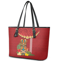 Hawaii Plumeria Lei Leather Tote Bag Tiki and Kakau Pattern Red Color LT03 - Polynesian Pride