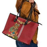 Hawaii Plumeria Lei Leather Tote Bag Tiki and Kakau Pattern Red Color LT03 - Polynesian Pride