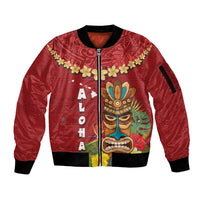 Hawaii Plumeria Lei Sleeve Zip Bomber Jacket Tiki and Kakau Pattern Red Color LT03 Unisex Red - Polynesian Pride