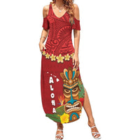 Hawaii Plumeria Lei Summer Maxi Dress Tiki and Kakau Pattern Red Color LT03 Women Red - Polynesian Pride