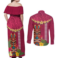 Hawaii Plumeria Lei Couples Matching Off Shoulder Maxi Dress and Long Sleeve Button Shirt Tiki and Kakau Pattern Pink Color LT03 - Polynesian Pride