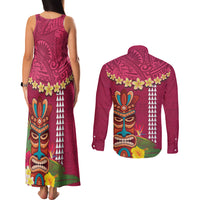 Hawaii Plumeria Lei Couples Matching Tank Maxi Dress and Long Sleeve Button Shirt Tiki and Kakau Pattern Pink Color LT03 - Polynesian Pride
