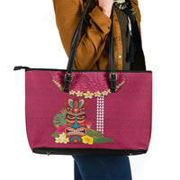 Hawaii Plumeria Lei Leather Tote Bag Tiki and Kakau Pattern Pink Color LT03 - Polynesian Pride