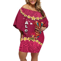 Hawaii Plumeria Lei Off Shoulder Short Dress Tiki and Kakau Pattern Pink Color LT03 Women Pink - Polynesian Pride