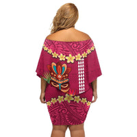 Hawaii Plumeria Lei Off Shoulder Short Dress Tiki and Kakau Pattern Pink Color LT03 - Polynesian Pride