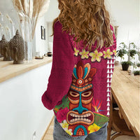 Hawaii Plumeria Lei Women Casual Shirt Tiki and Kakau Pattern Pink Color