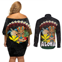 Aloha Hawaii Couples Matching Off Shoulder Short Dress and Long Sleeve Button Shirt Kanaka Maoli with Polynesian Spiral Plumeria LT03 - Polynesian Pride