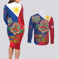 Philippines MassKara Couples Matching Long Sleeve Bodycon Dress and Long Sleeve Button Shirt Filipino Carnival Mask and Polynesian Pattern