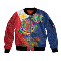Philippines MassKara Sleeve Zip Bomber Jacket Filipino Carnival Mask and Polynesian Pattern LT03 Unisex Blue - Polynesian Pride
