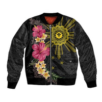 Hawaii and Philippines Together Bomber Jacket Hibiscus Flower and Sun Badge Polynesian Pattern Coloful LT03 Unisex Black - Polynesian Pride