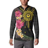 Hawaii and Philippines Together Button Sweatshirt Hibiscus Flower and Sun Badge Polynesian Pattern Coloful