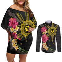 Hawaii and Philippines Together Couples Matching Off Shoulder Short Dress and Long Sleeve Button Shirt Hibiscus Flower and Sun Badge Polynesian Pattern Coloful