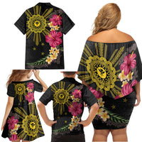 Hawaii and Philippines Together Family Matching Off Shoulder Short Dress and Hawaiian Shirt Hibiscus Flower and Sun Badge Polynesian Pattern Coloful