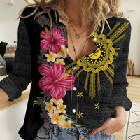 Hawaii and Philippines Together Women Casual Shirt Hibiscus Flower and Sun Badge Polynesian Pattern Coloful