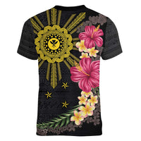 Hawaii and Philippines Together Women V-Neck T-Shirt Hibiscus Flower and Sun Badge Polynesian Pattern Coloful