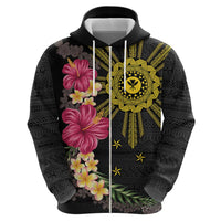 Hawaii and Philippines Together Zip Hoodie Hibiscus Flower and Sun Badge Polynesian Pattern Coloful