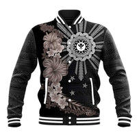 Hawaii and Philippines Together Baseball Jacket Hibiscus Flower and Sun Badge Polynesian Pattern Grayscale