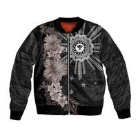 Hawaii and Philippines Together Bomber Jacket Hibiscus Flower and Sun Badge Polynesian Pattern Grayscale LT03 Unisex Black - Polynesian Pride