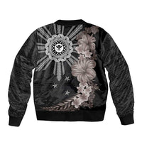 Hawaii and Philippines Together Bomber Jacket Hibiscus Flower and Sun Badge Polynesian Pattern Grayscale LT03 - Polynesian Pride