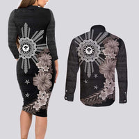 Hawaii and Philippines Together Couples Matching Long Sleeve Bodycon Dress and Long Sleeve Button Shirt Hibiscus Flower and Sun Badge Polynesian Pattern Grayscale
