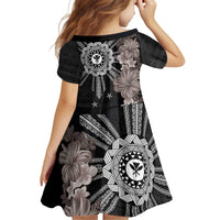 Hawaii and Philippines Together Family Matching Off Shoulder Short Dress and Hawaiian Shirt Hibiscus Flower and Sun Badge Polynesian Pattern Grayscale