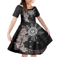Hawaii and Philippines Together Family Matching Summer Maxi Dress and Hawaiian Shirt Hibiscus Flower and Sun Badge Polynesian Pattern Grayscale