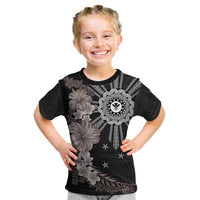 Hawaii and Philippines Together Kid T Shirt Hibiscus Flower and Sun Badge Polynesian Pattern Grayscale