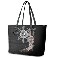 Hawaii and Philippines Together Leather Tote Bag Hibiscus Flower and Sun Badge Polynesian Pattern Grayscale