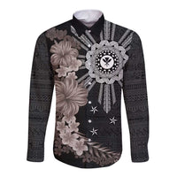 Hawaii and Philippines Together Long Sleeve Button Shirt Hibiscus Flower and Sun Badge Polynesian Pattern Grayscale