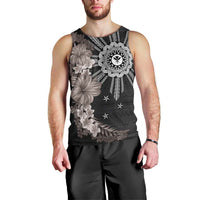 Hawaii and Philippines Together Men Tank Top Hibiscus Flower and Sun Badge Polynesian Pattern Grayscale