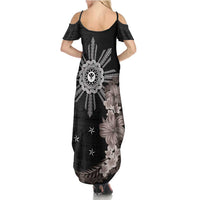 Hawaii and Philippines Together Summer Maxi Dress Hibiscus Flower and Sun Badge Polynesian Pattern Grayscale