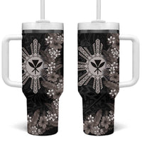 Hawaii and Philippines Together Tumbler With Handle Hibiscus Flower and Sun Badge Polynesian Pattern Grayscale LT03 One Size: 40 oz Black - Polynesian Pride