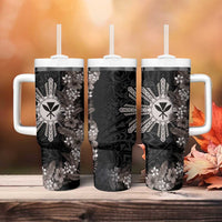 Hawaii and Philippines Together Tumbler With Handle Hibiscus Flower and Sun Badge Polynesian Pattern Grayscale LT03 - Polynesian Pride