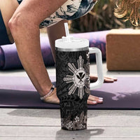 Hawaii and Philippines Together Tumbler With Handle Hibiscus Flower and Sun Badge Polynesian Pattern Grayscale LT03 - Polynesian Pride