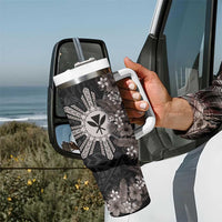 Hawaii and Philippines Together Tumbler With Handle Hibiscus Flower and Sun Badge Polynesian Pattern Grayscale LT03 - Polynesian Pride