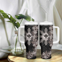 Hawaii and Philippines Together Tumbler With Handle Hibiscus Flower and Sun Badge Polynesian Pattern Grayscale LT03 - Polynesian Pride