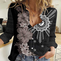 Hawaii and Philippines Together Women Casual Shirt Hibiscus Flower and Sun Badge Polynesian Pattern Grayscale