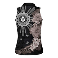 Hawaii and Philippines Together Women Sleeveless Polo Shirt Hibiscus Flower and Sun Badge Polynesian Pattern Grayscale